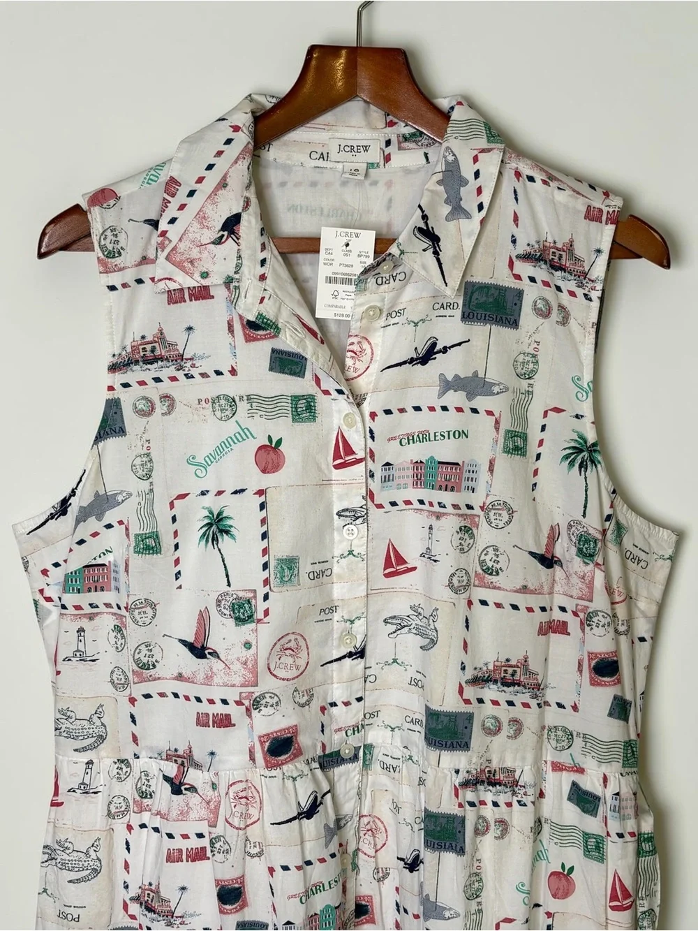 NWT J. Crew Factory Postcard Print Midi Shirtdress 16 Cotton Lined Pockets